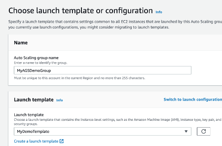 EC2 Auto Scaling Group Configure Name and Template