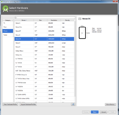 Android Studio AVD Select Hardware