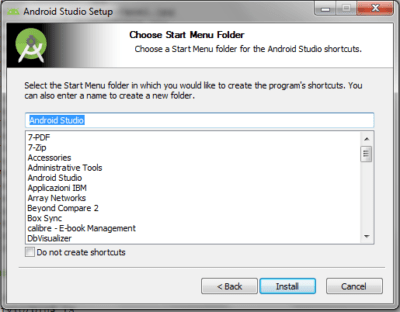 Android Studio Choose Start Menu Folder Panel